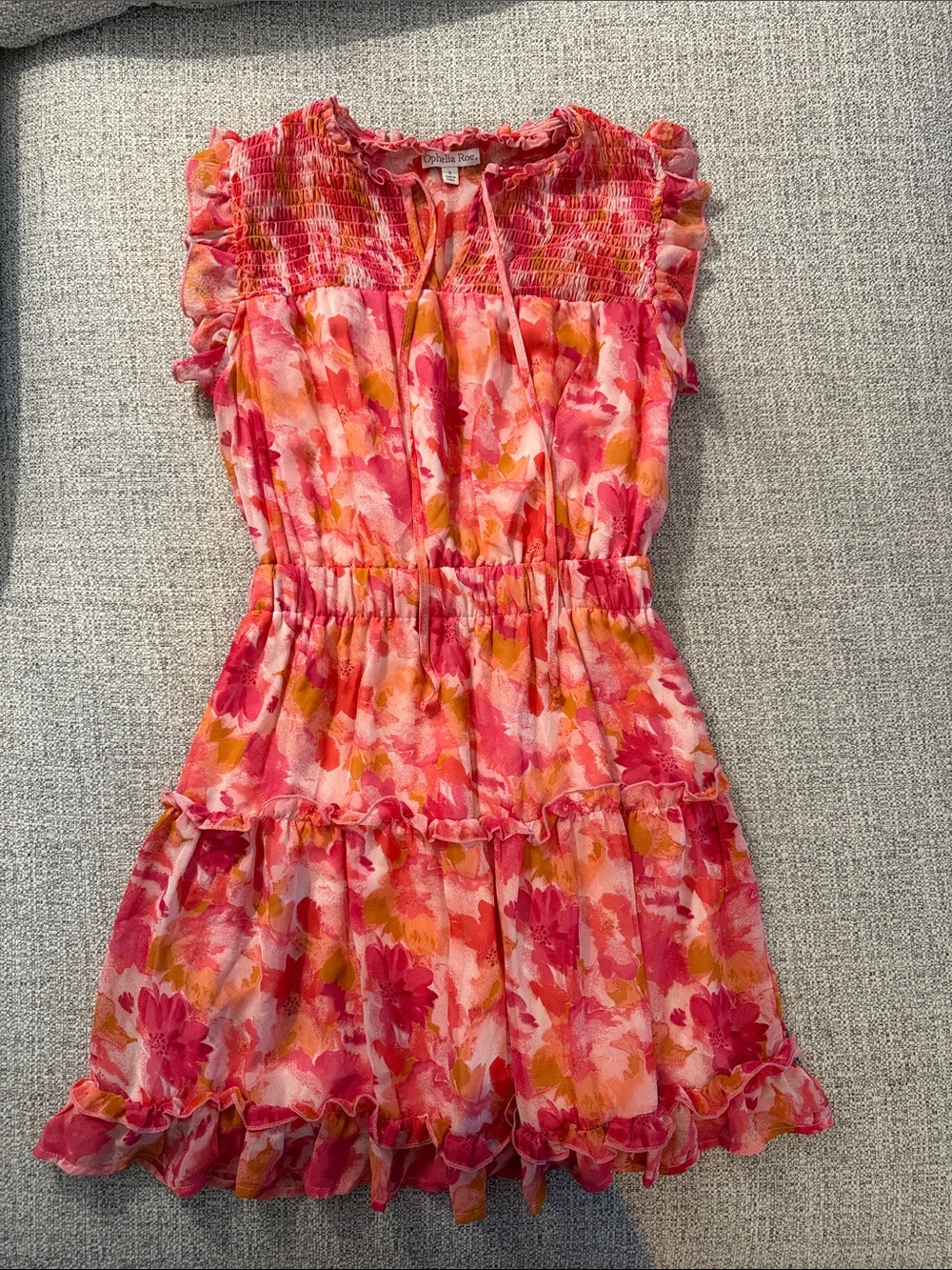 Ophelia Roe Pink and Orange Floral Ruffle Tiered Dress